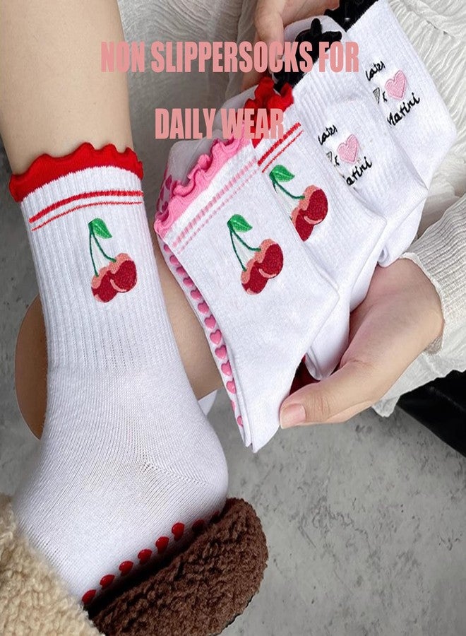 BIRDDIE جوارب بيردي 3 أزواج للبيلاتس، جوارب نسائية مانعة للانزلاق، رقبة دائرية لطيفة، حبيبات مانعة للانزلاق على شكل قلب، جوارب نسائية متوسطة الطول غير قابلة للانزلاق مناسبة للبيلاتس والباليه والرقص واليوغا - Image 5